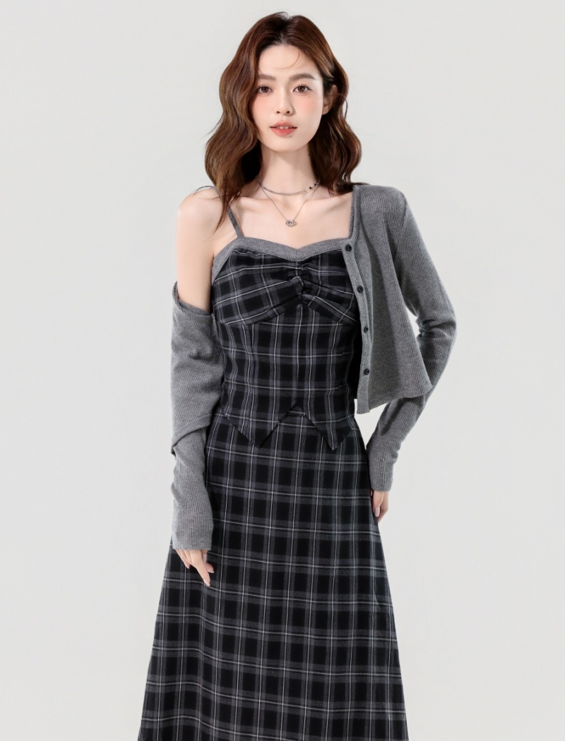 Plaid short skirt sling jacket 3pcs set