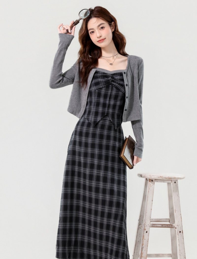 Plaid short skirt sling jacket 3pcs set