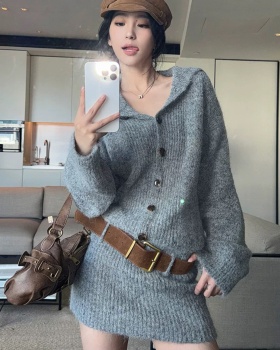 Navy collar slim sweater package hip dress for women