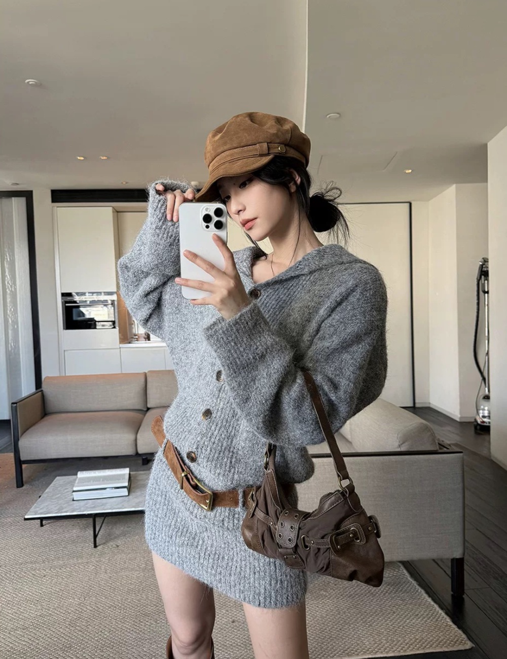 Navy collar slim sweater package hip dress for women