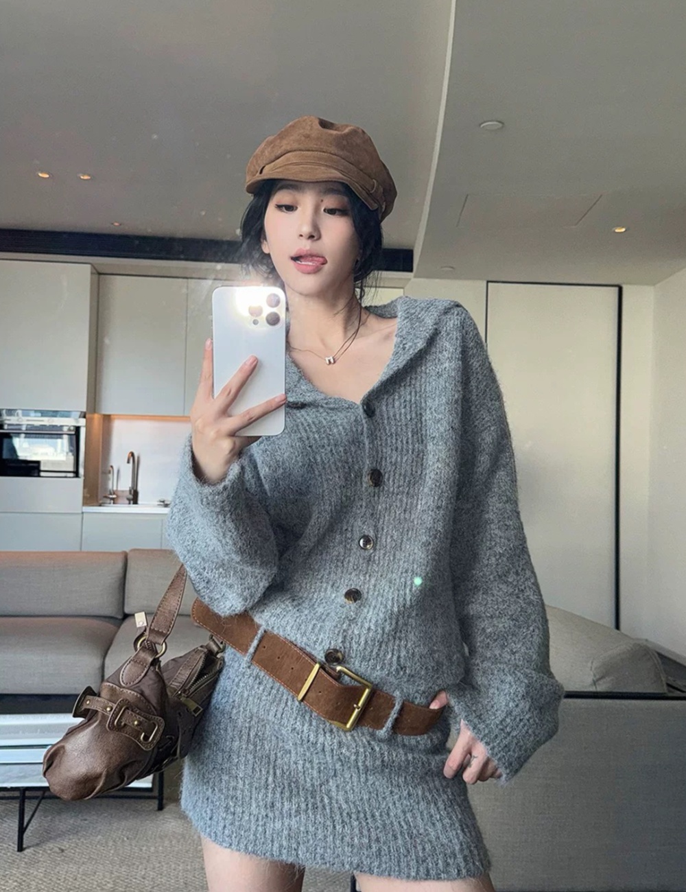 Navy collar slim sweater package hip dress for women