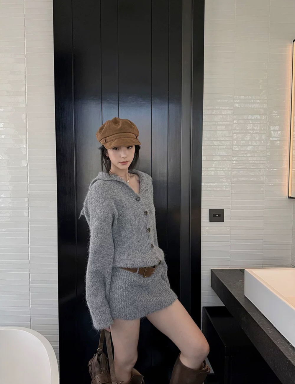Navy collar slim sweater package hip dress for women