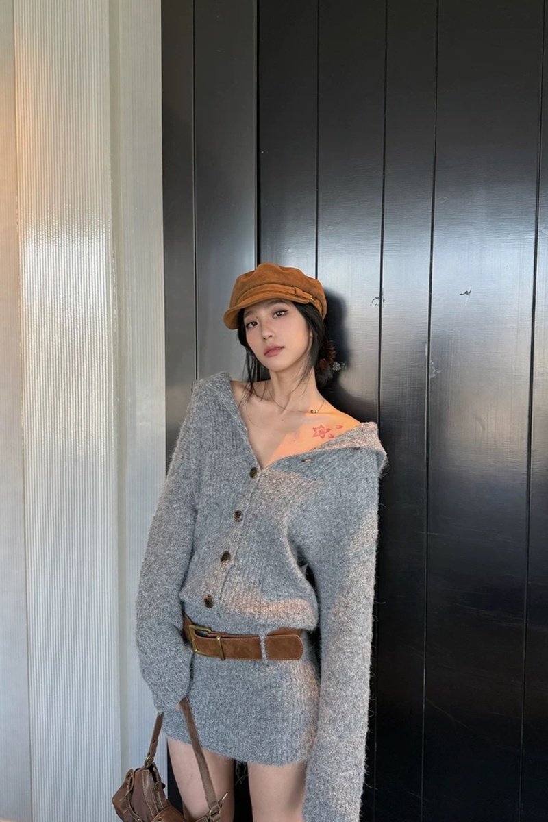 Navy collar slim sweater package hip dress for women