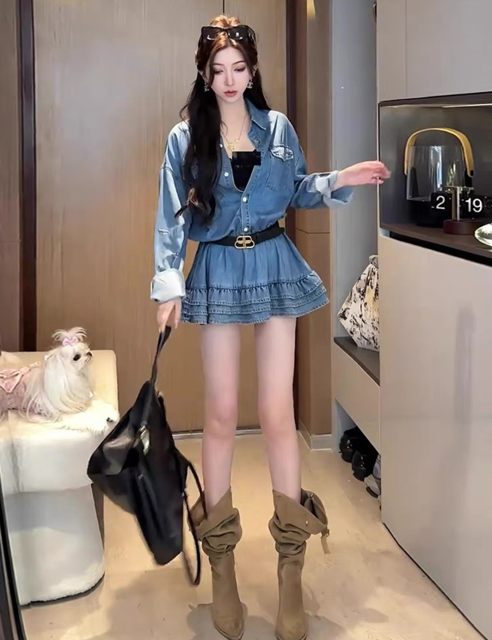 Retro lace A-line short washed dress for women