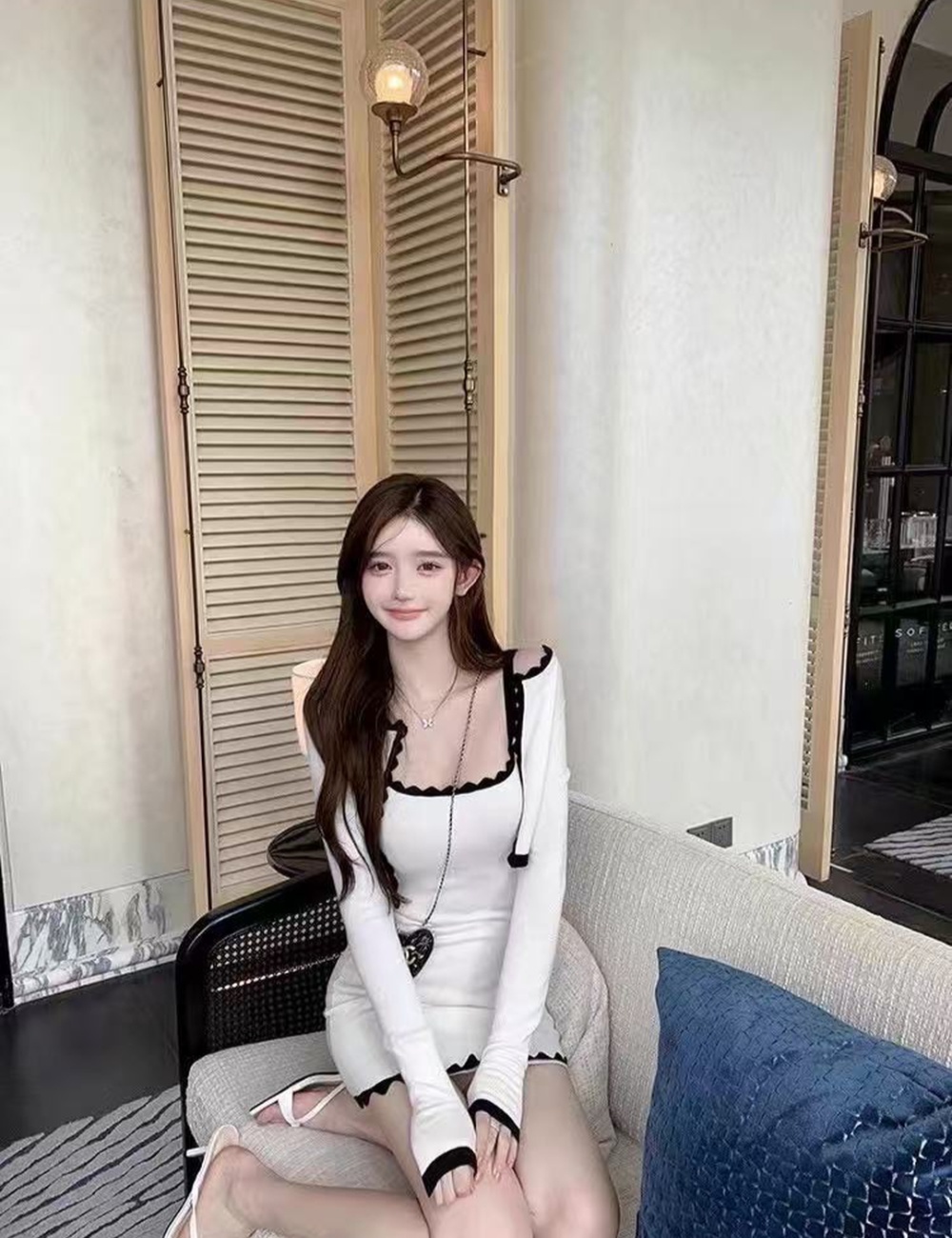 Knitted chanelstyle cardigan wavy edge strap dress a set
