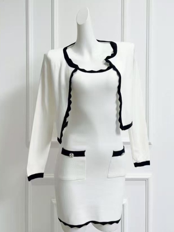 Knitted chanelstyle cardigan wavy edge strap dress a set