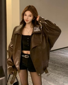 Locomotive autumn and winter tops PU black coat for women
