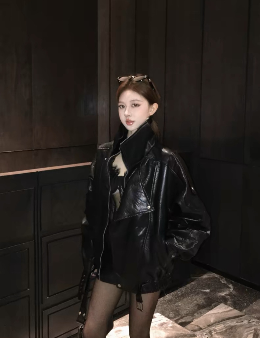 Locomotive autumn and winter tops PU black coat for women