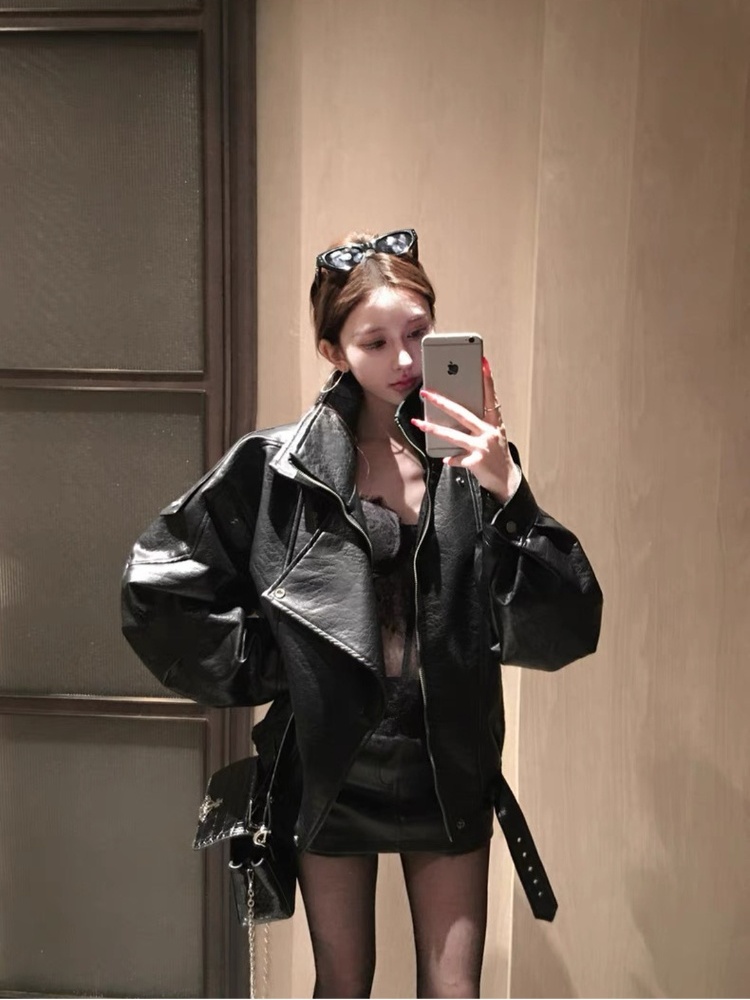 Locomotive autumn and winter tops PU black coat for women
