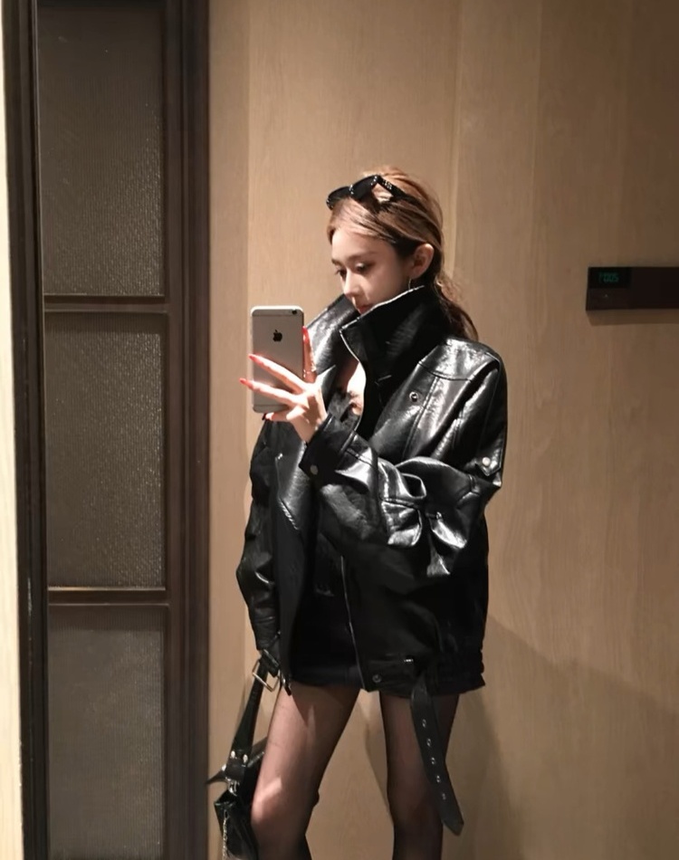 Locomotive autumn and winter tops PU black coat for women