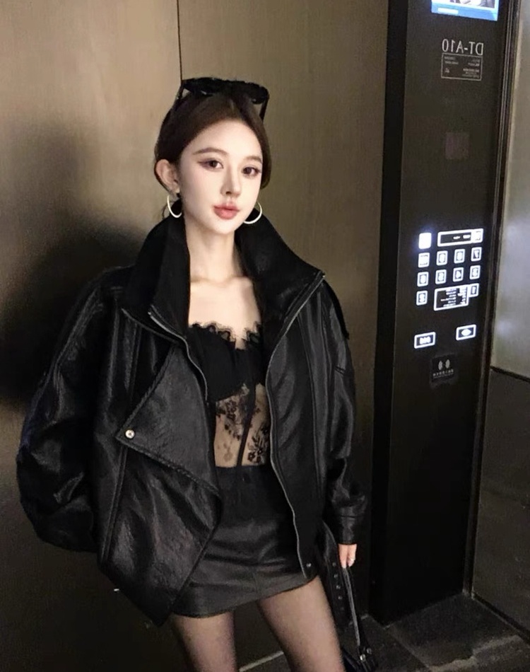 Locomotive autumn and winter tops PU black coat for women