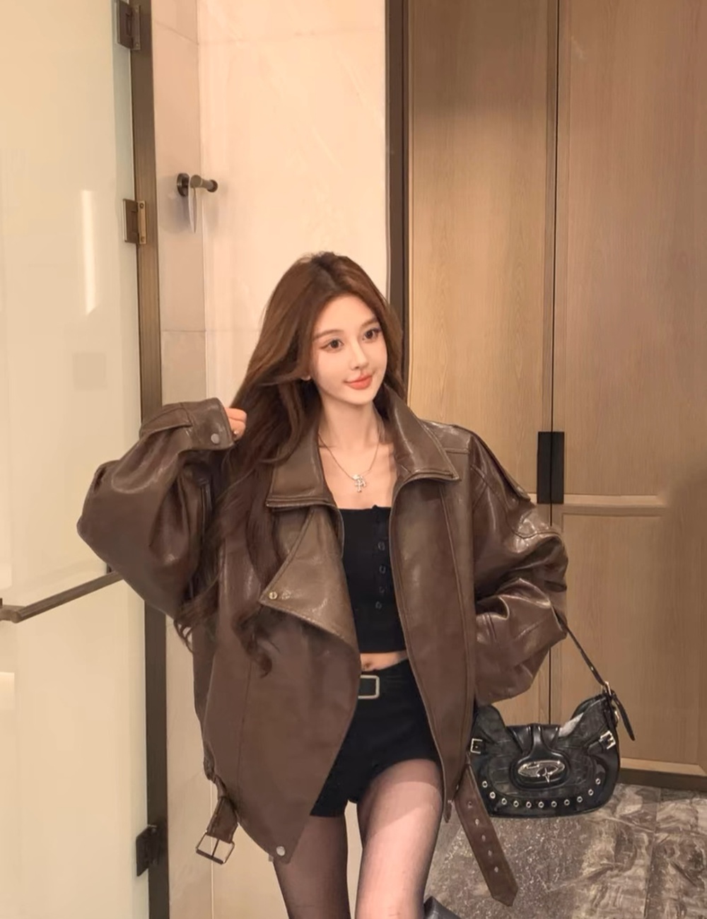 Locomotive autumn and winter tops PU black coat for women