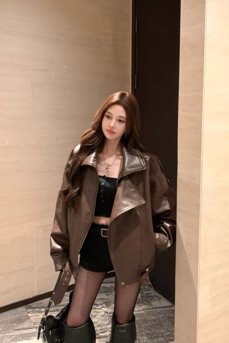 Locomotive autumn and winter tops PU black coat for women