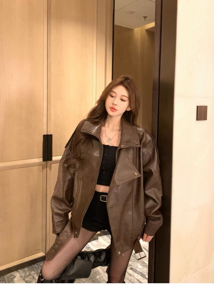 Locomotive autumn and winter tops PU black coat for women