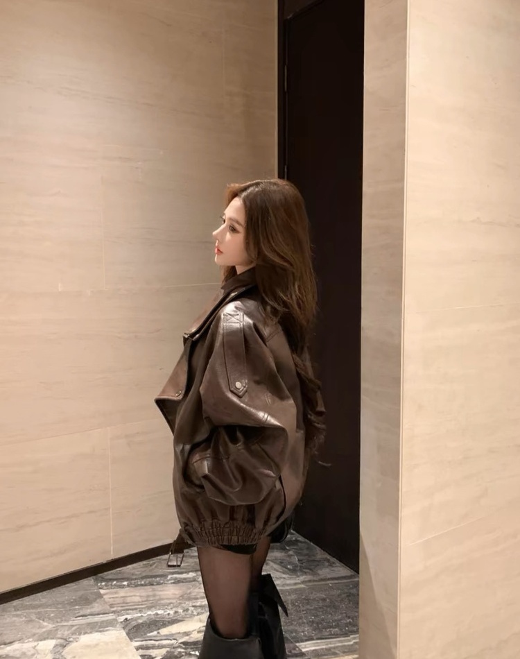 Locomotive autumn and winter tops PU black coat for women
