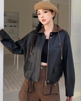 Casual hooded leather coat Pseudo-two tops