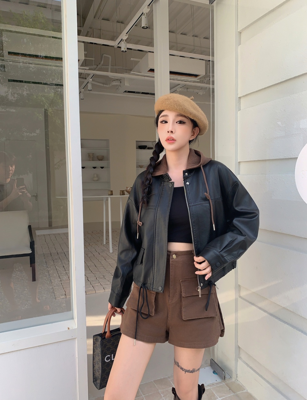 Casual hooded leather coat Pseudo-two tops