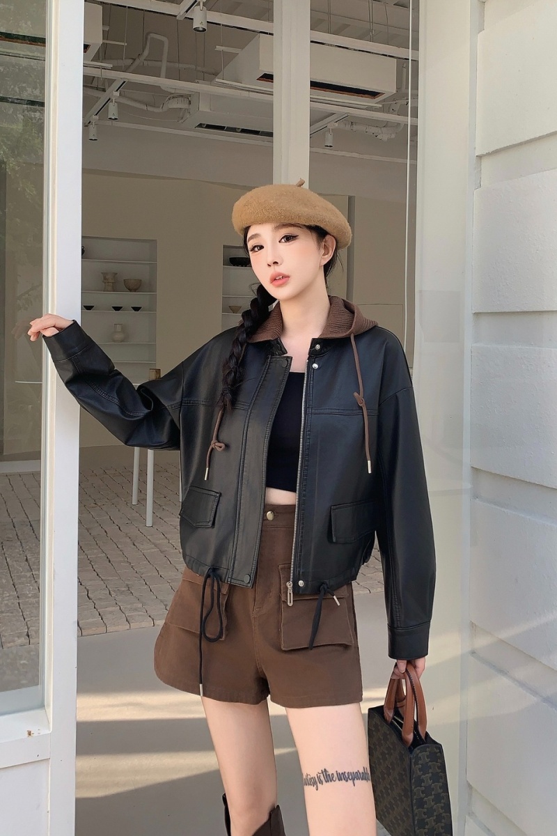 Casual hooded leather coat Pseudo-two tops