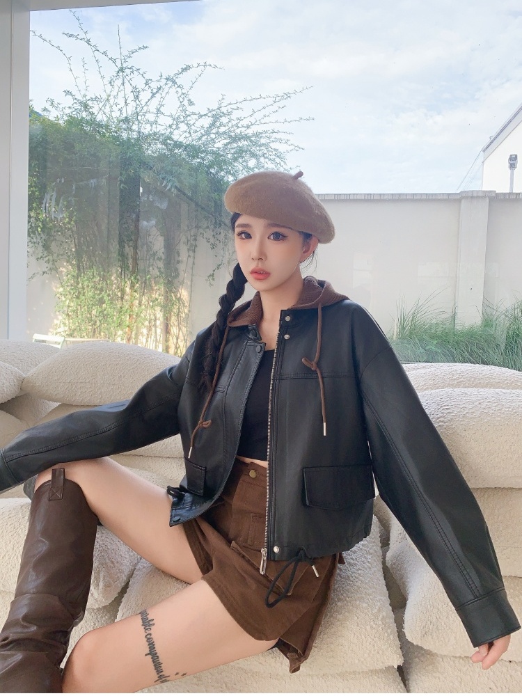 Casual hooded leather coat Pseudo-two tops