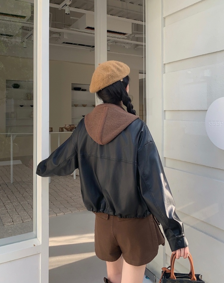 Casual hooded leather coat Pseudo-two tops