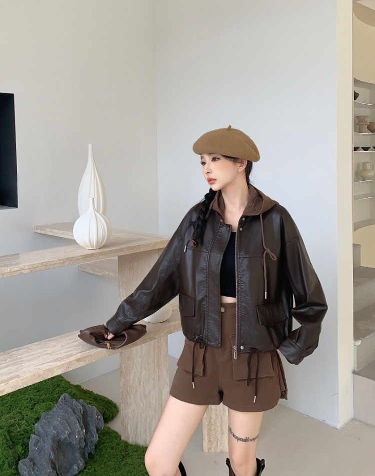Casual hooded leather coat Pseudo-two tops