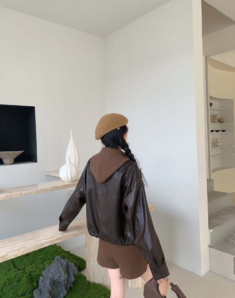 Casual hooded leather coat Pseudo-two tops