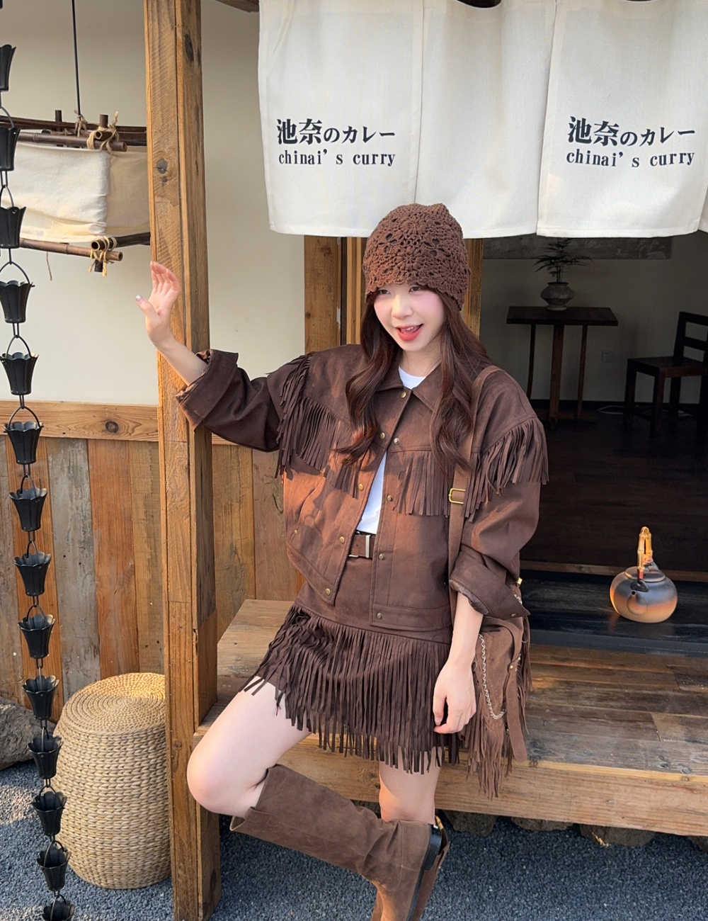 Lapel retro jacket Punk style high waist skirt a set