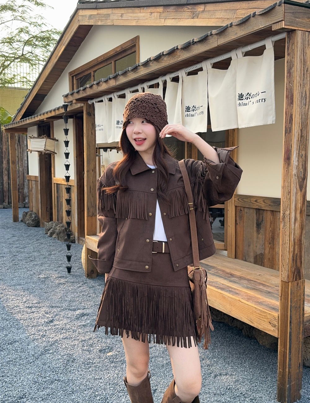 Lapel retro jacket Punk style high waist skirt a set