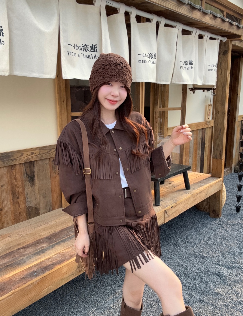 Lapel retro jacket Punk style high waist skirt a set