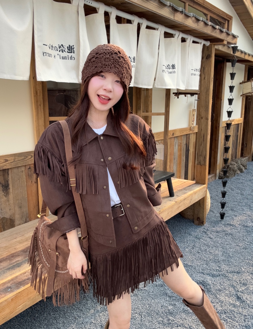 Lapel retro jacket Punk style high waist skirt a set