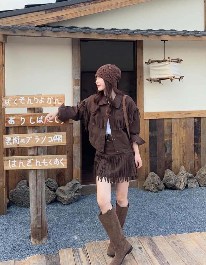 Lapel retro jacket Punk style high waist skirt a set