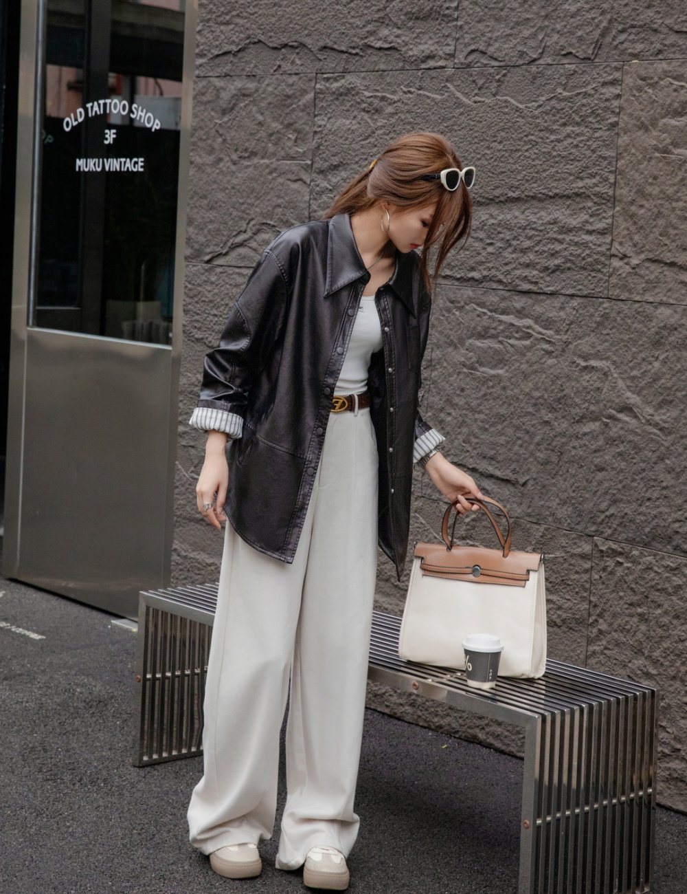 Loose Korean style coat PU autumn and winter shirt for women
