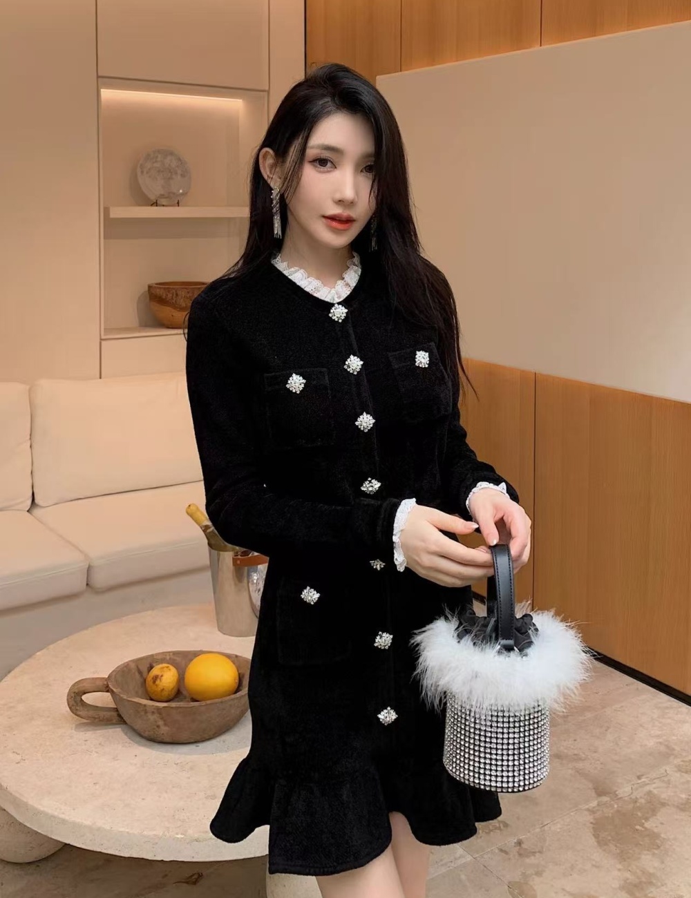 Black chanelstyle autumn and winter Hepburn style dress