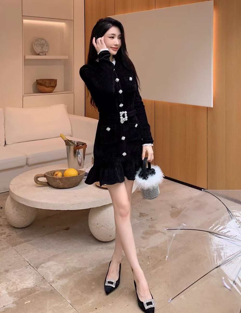 Black chanelstyle autumn and winter Hepburn style dress