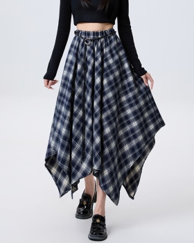 Plaid slim autumn A-line irregular long retro skirt for women