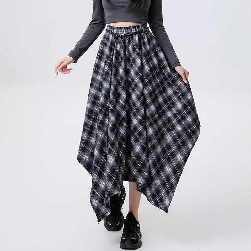 Plaid slim autumn A-line irregular long retro skirt for women