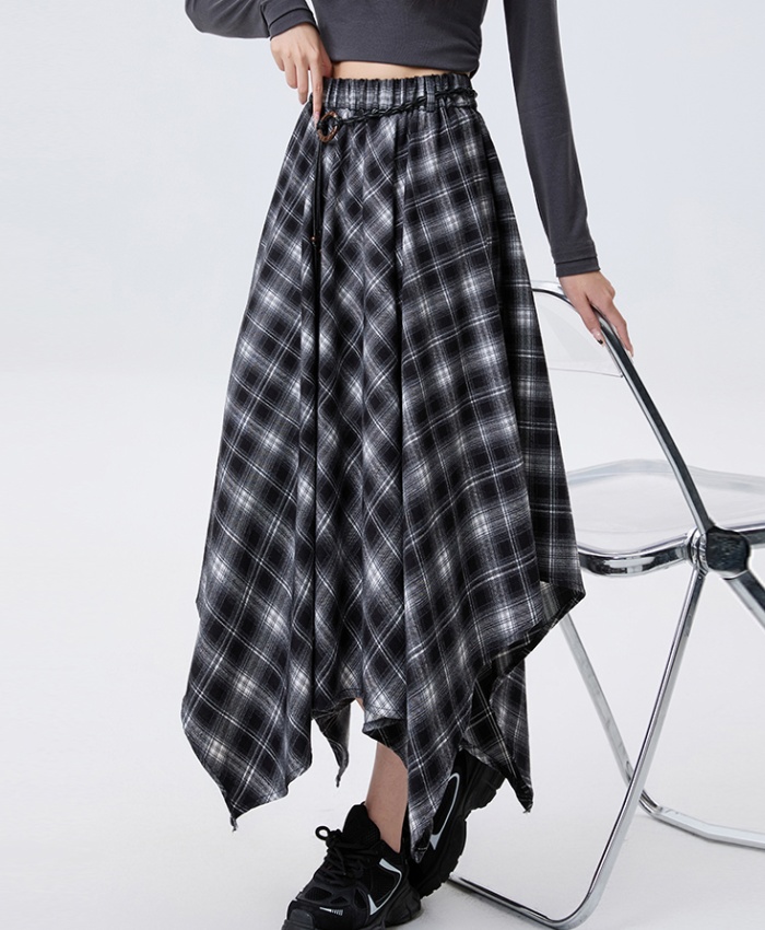 Plaid slim autumn A-line irregular long retro skirt for women