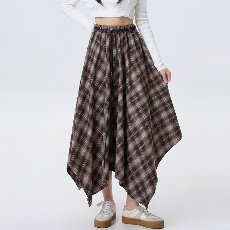 Plaid slim autumn A-line irregular long retro skirt for women
