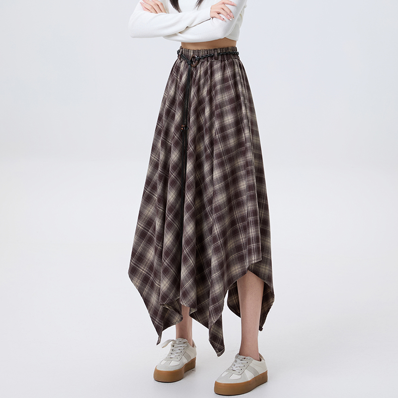 Plaid slim autumn A-line irregular long retro skirt for women