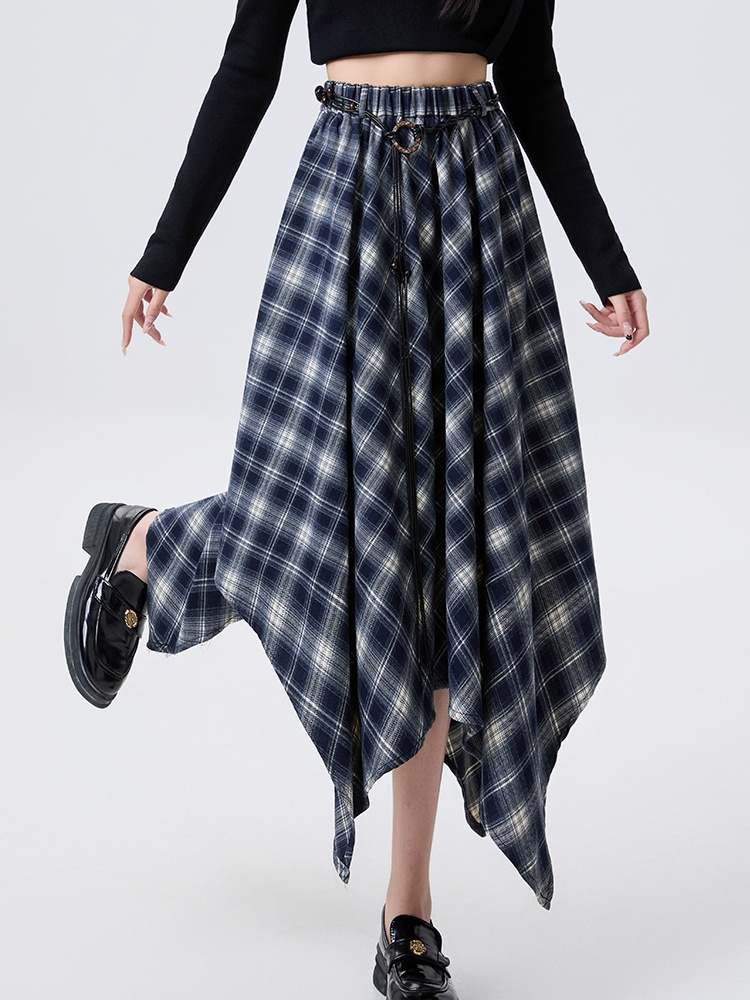 Plaid slim autumn A-line irregular long retro skirt for women