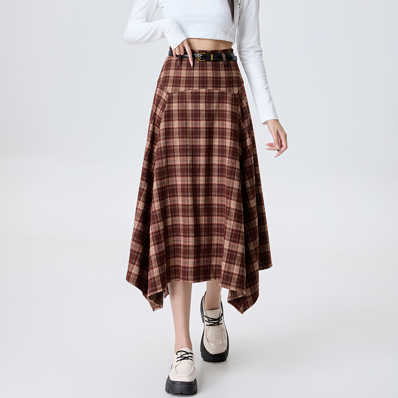 High waist long retro autumn plaid Korean style slim skirt