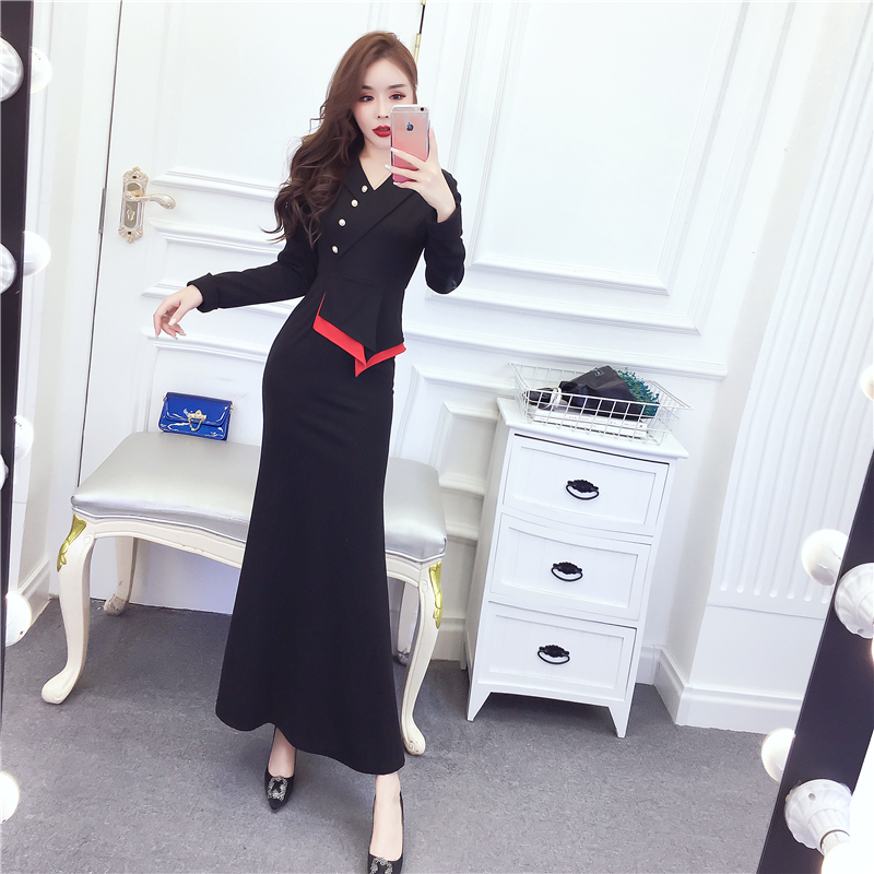 Fashion mixed colors dress package hip lapel formal dress
