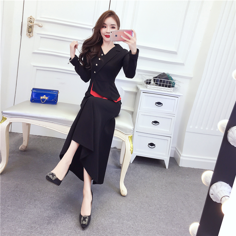 Fashion mixed colors dress package hip lapel formal dress