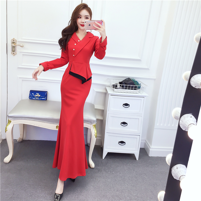 Fashion mixed colors dress package hip lapel formal dress