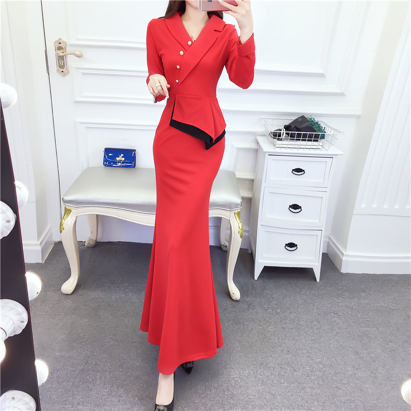 Fashion mixed colors dress package hip lapel formal dress