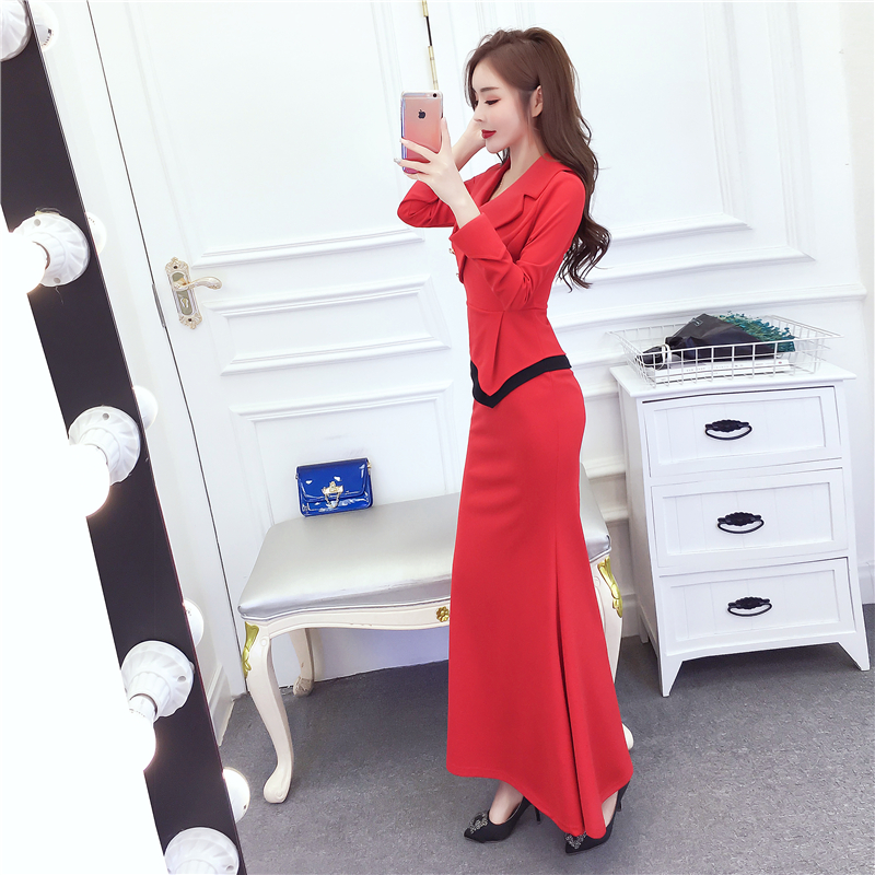 Fashion mixed colors dress package hip lapel formal dress