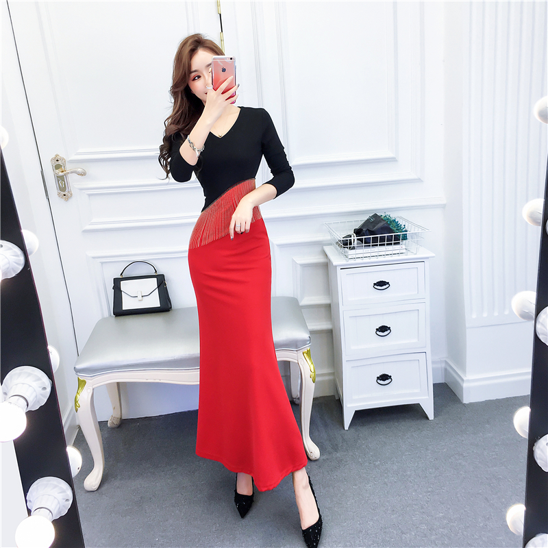 Mermaid temperament long dress package hip V-neck formal dress