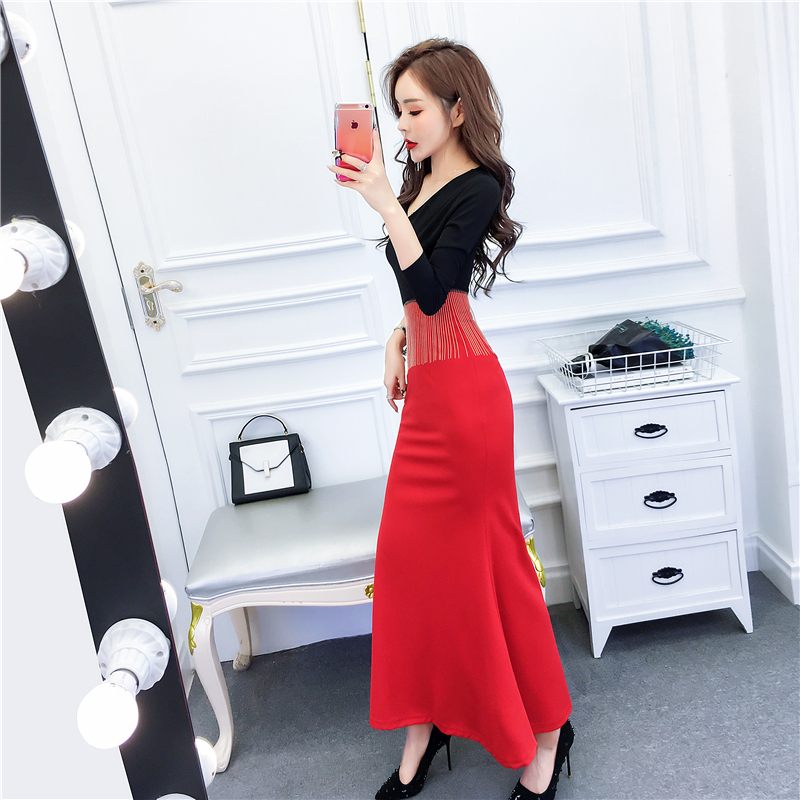 Mermaid temperament long dress package hip V-neck formal dress