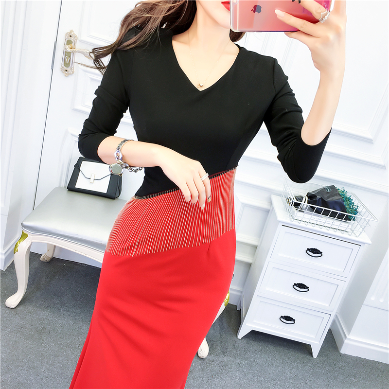 Mermaid temperament long dress package hip V-neck formal dress