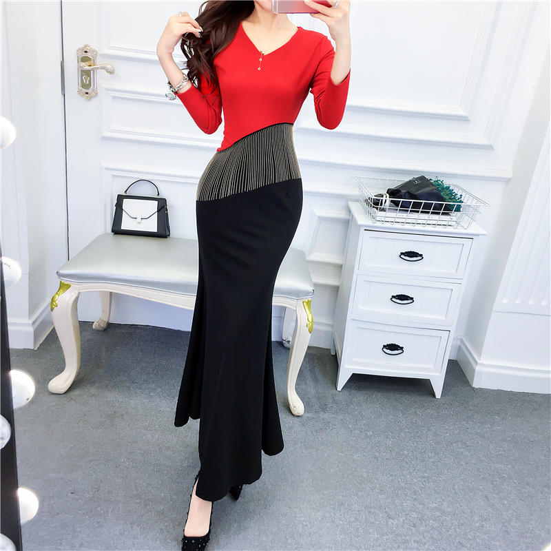 Mermaid temperament long dress package hip V-neck formal dress